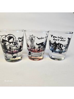 Vintage 70s Bartlett-Collins Set of 3 Western Humorous Shot Glasses